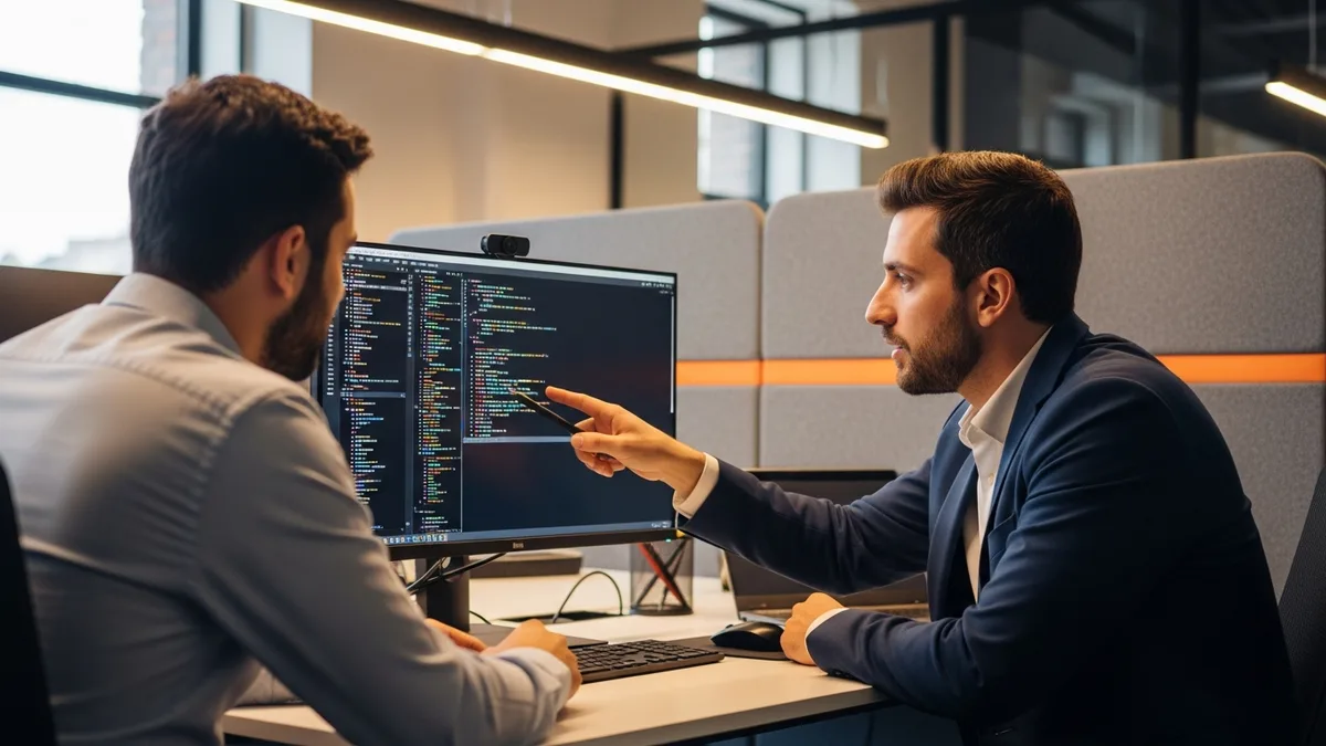 Two engineers reviewing code on a monitor during an Android developer technical interview