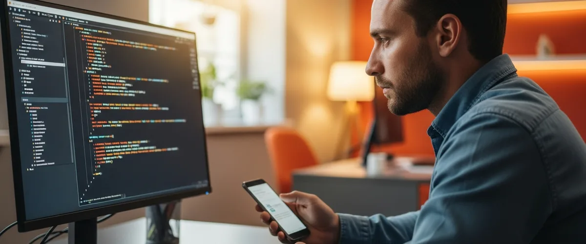 Software developer holding an Android phone while reviewing code on a monitor