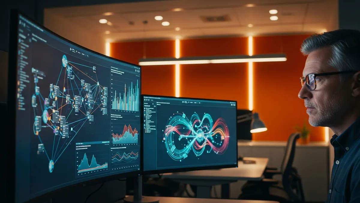 Senior big data engineer reviewing a distributed Spark cluster job graph and performance dashboards on dual monitors in a modern office