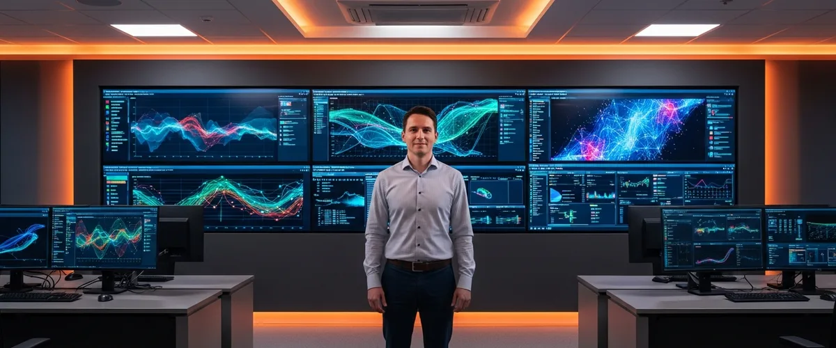 Big data engineer standing in a data operations center with large screens of data dashboards