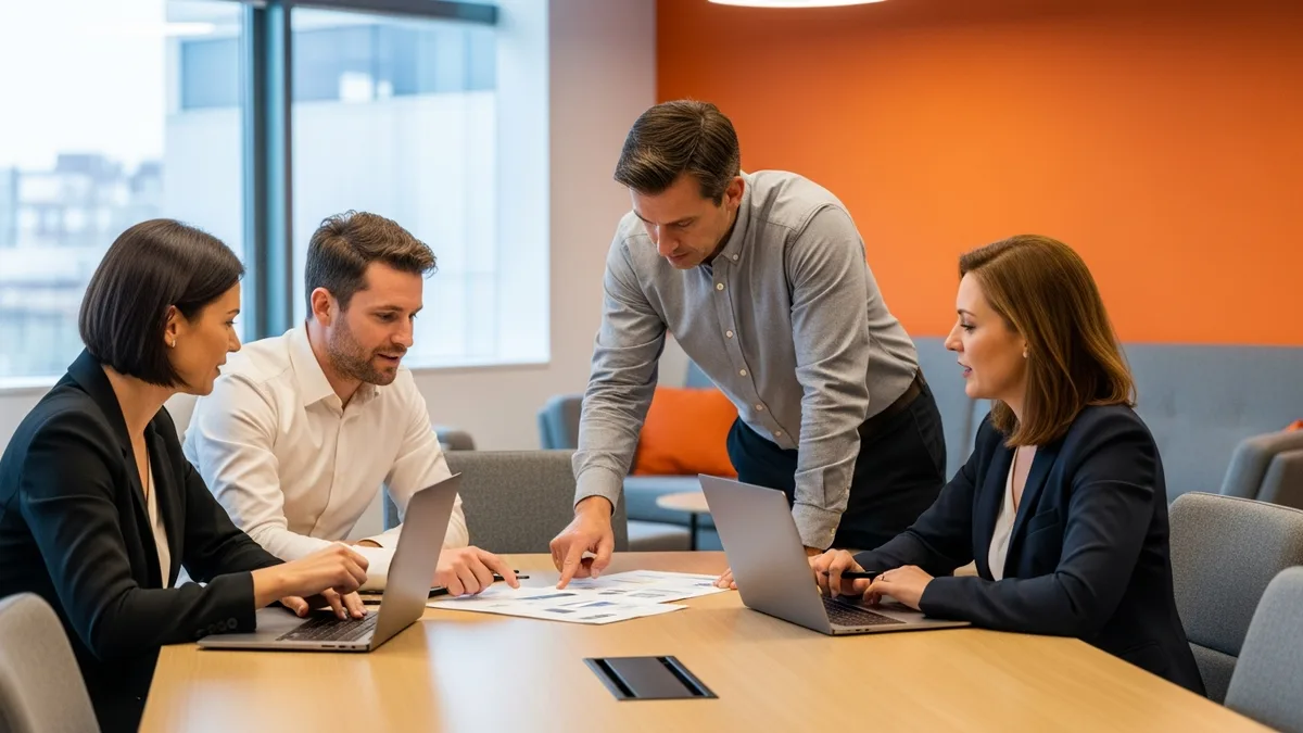 Hiring team of four professionals reviewing big data engineer candidates around a conference table in a modern office