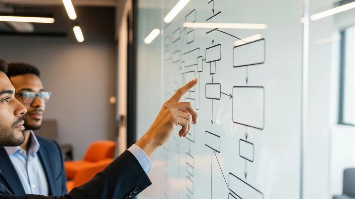 Two engineers sketching a distributed streaming data architecture on a glass whiteboard during a big data engineer system design interview