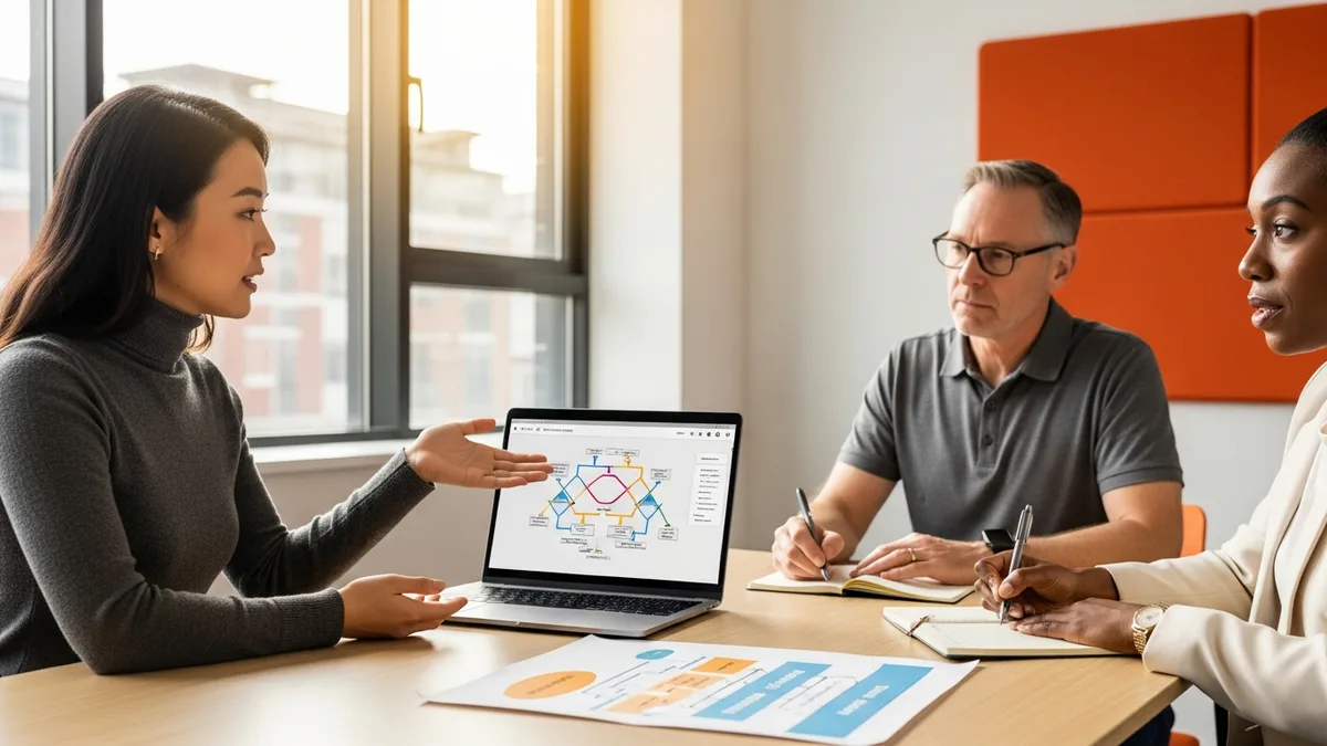 Business analyst candidate showing a requirements traceability matrix on an open laptop to two interviewers taking notes during an artifact review in a bright conference room