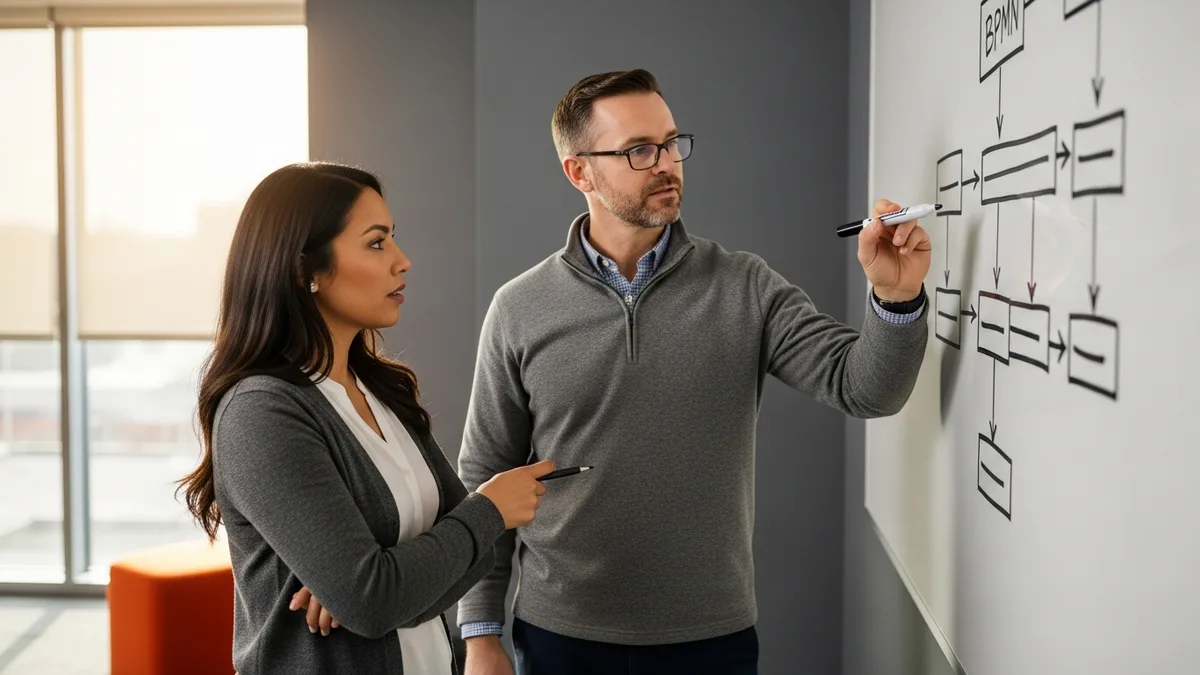 Business analyst sketching a BPMN swim-lane process diagram on a large whiteboard while a hiring manager looks on with a pen in hand