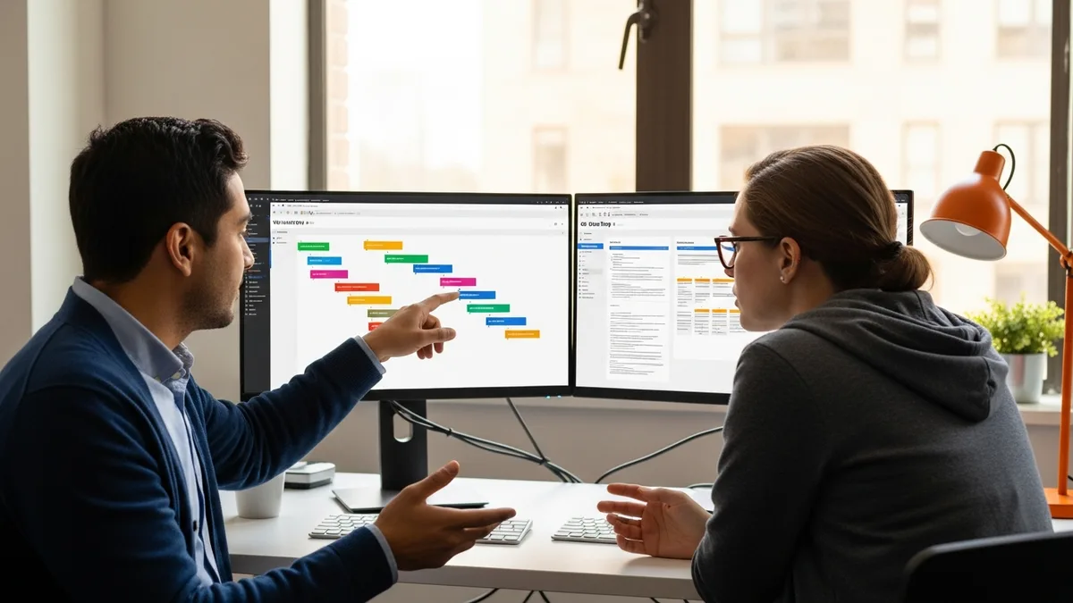 Business analyst and senior software engineer reviewing a kanban board and user story document together at a dual-monitor workstation in a modern tech office