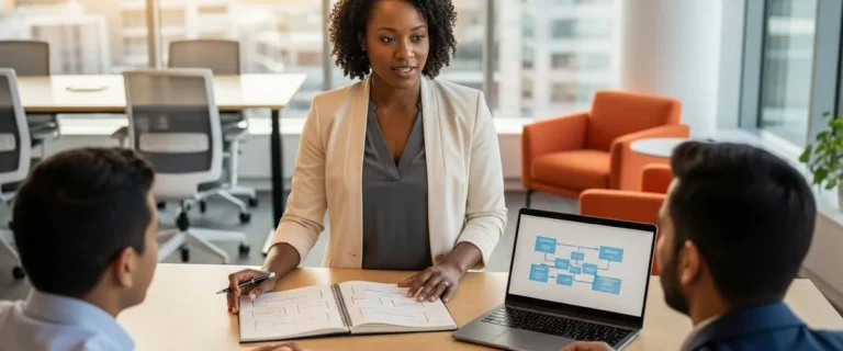 Senior business analyst seated at a desk with a stakeholder discussing handwritten swim-lane process sketches in a notebook and a process flow diagram on a laptop in a modern corporate office
