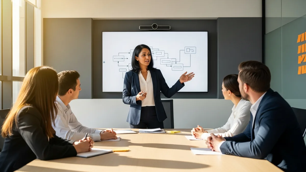 Senior business analyst leading a requirements workshop and gesturing at a wall-mounted process flow diagram in front of four seated stakeholders in a modern conference room