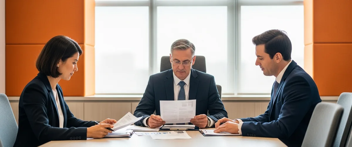 Finance executive reviewing financial reports with two colleagues in a modern boardroom
