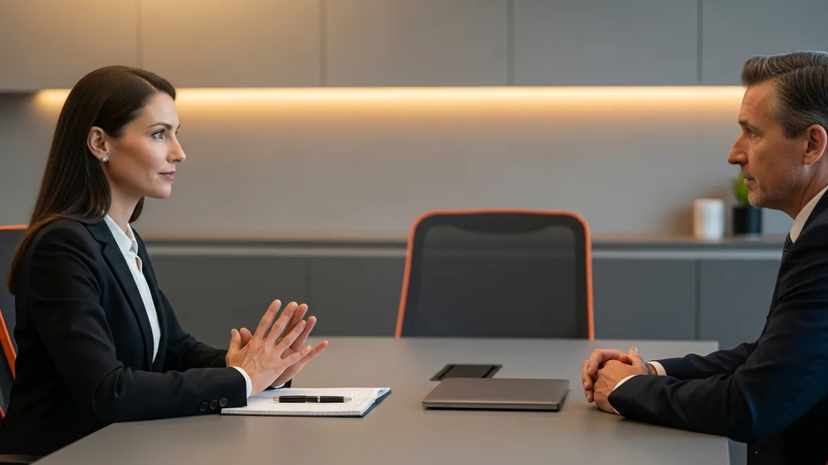 CFO candidate being interviewed by a hiring manager across a conference table