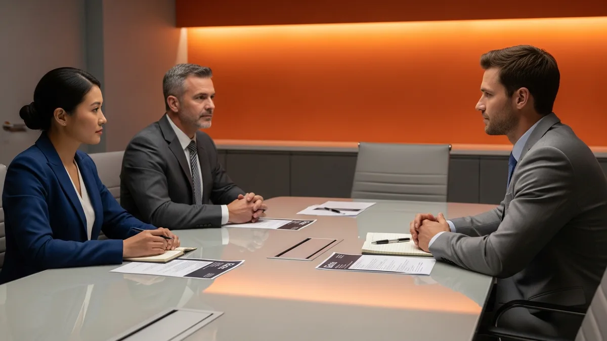 Executive hiring panel interviewing a Chief AI Officer candidate across a conference table in a corporate office