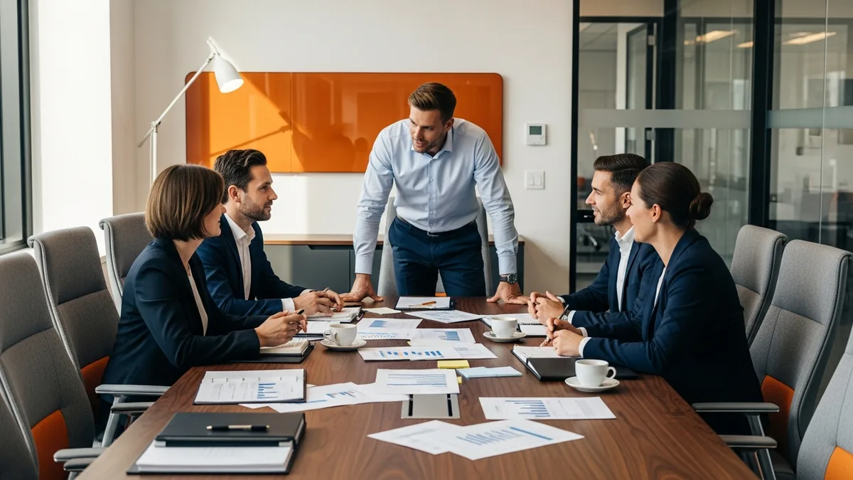 Hiring committee reviewing chief data officer candidates and data strategy documents around a boardroom table