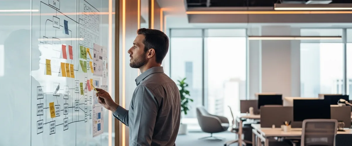 Senior cloud architect mapping a multi-cloud system design on a glass planning wall in a modern office