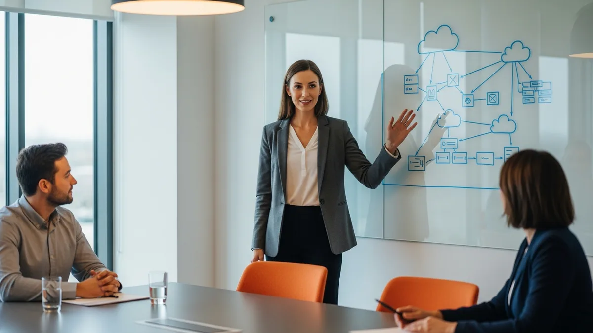 Cloud architect presenting a cloud architecture diagram on a glass whiteboard to two colleagues in a conference room