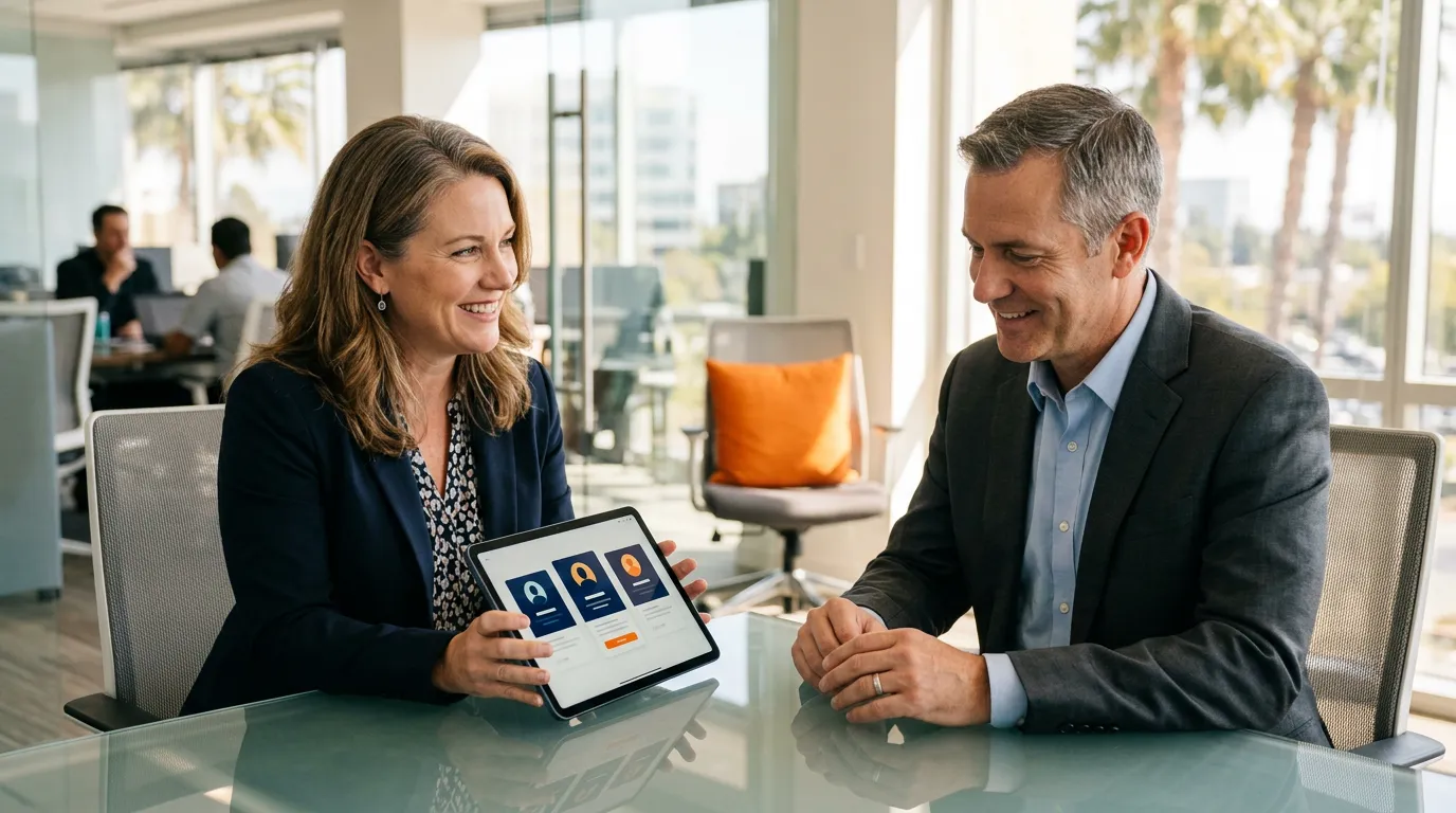 KORE1 senior contract staffing recruiter walking a hiring manager through a bench team sheet with architect, lead, and senior engineer profiles on a tablet