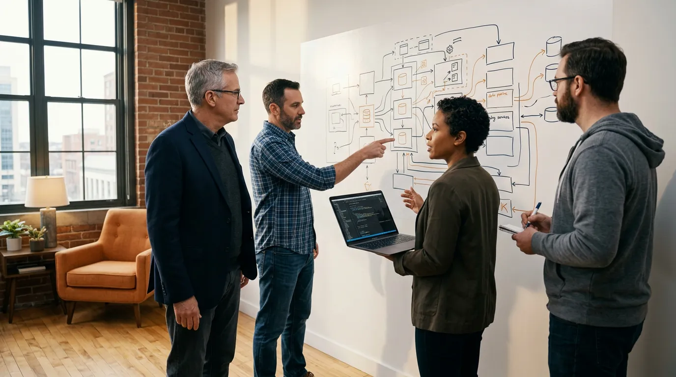 Senior contract engineering team of four reviewing system architecture diagram on wall-mounted display in a modern drafting room, KORE1 hire contract engineering team bench