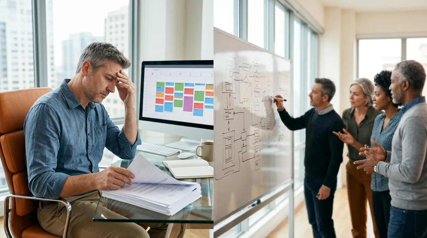 Engineering hiring manager comparing eight staffing firm submittals at a desk while a tight cohesive four-person KORE1 contract engineering team works at a shared whiteboard nearby