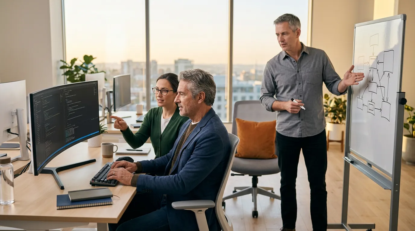 Senior contract software architect pair-programming with a tech lead while a third engineer reviews architecture decisions on a portable whiteboard, KORE1 pre-matched contract bench