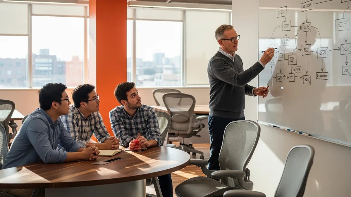 Senior CTO at a whiteboard sketching a system architecture diagram with three software engineers leaning forward asking questions in a warm modern technology company office