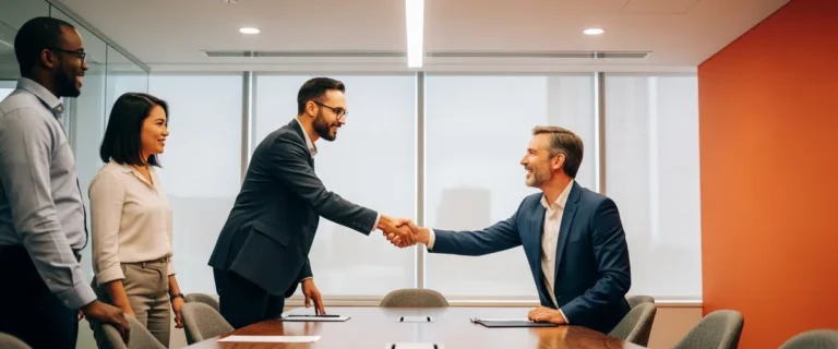 Senior CTO candidate shaking hands with CEO at executive boardroom table closing out the hire process with two board members watching