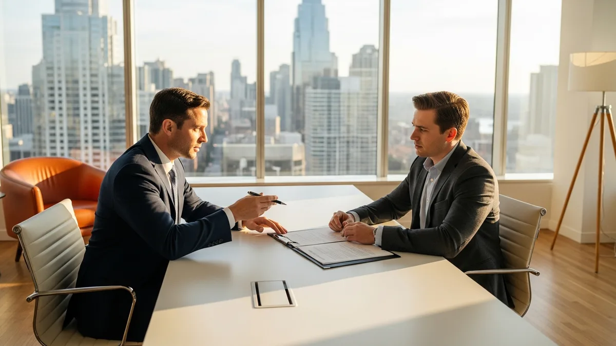 CEO and senior CTO candidate discussing compensation structure across a wide executive desk in a warm minimalist boardroom