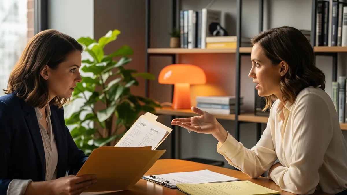Two executive recruiters reviewing CTO candidate shortlist on a laptop in a warm modern office with a third colleague taking notes by hand