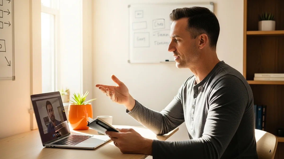 Fractional CTO consultant on a video call with a startup founder reviewing a technical roadmap on a whiteboard in a sunlit modern home office