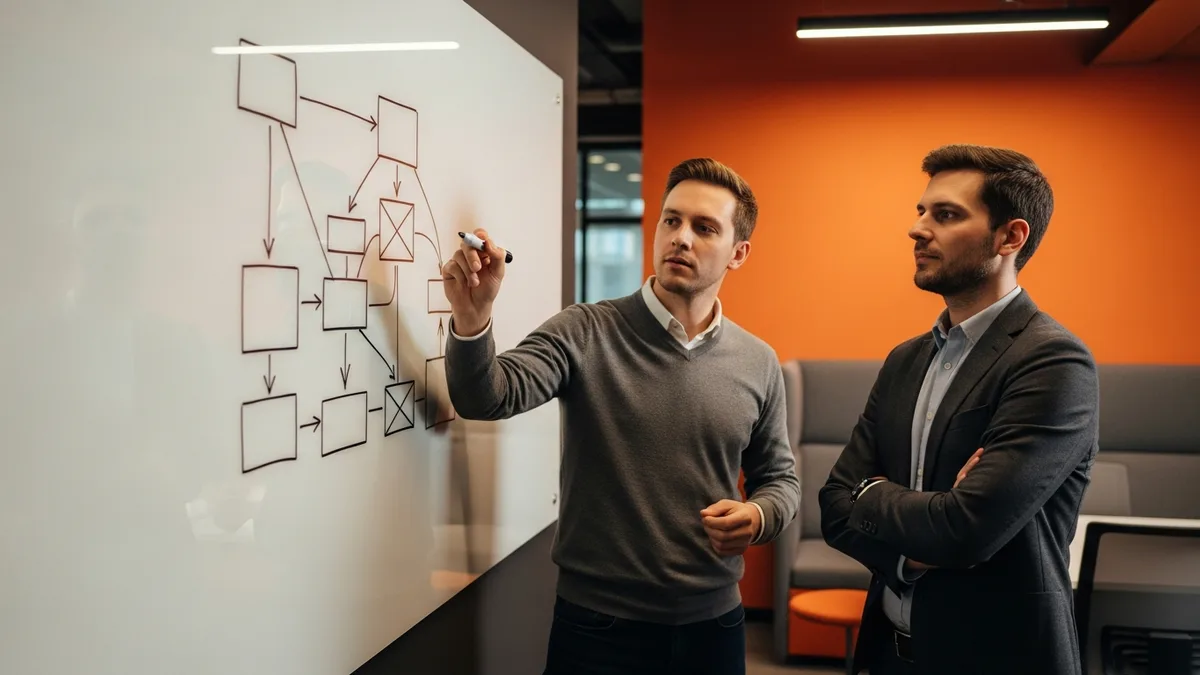 Two technology leaders at a whiteboard mapping the data product manager reporting line between the data team and the product team