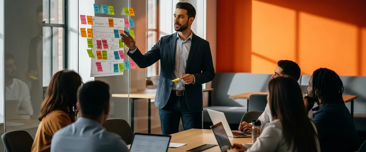 Data product manager leading a 2026 roadmap planning session at a sticky-note wall with a mixed data and product team in a modern office