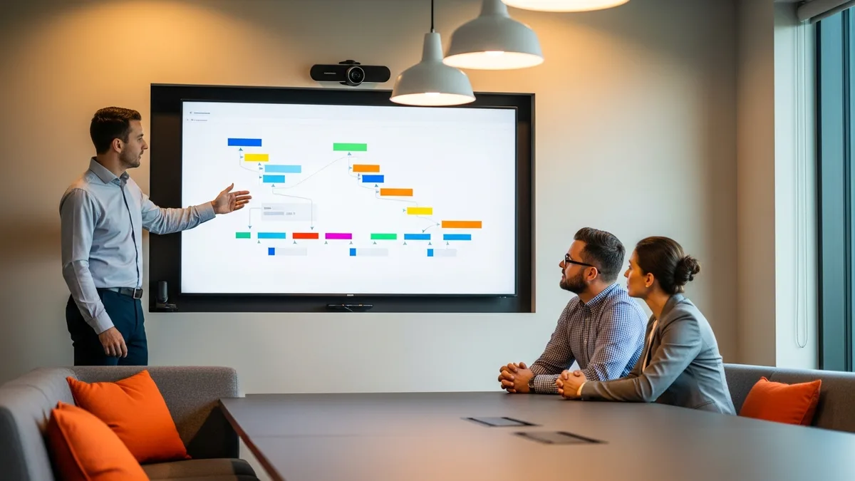 Data product manager presenting a product roadmap on a wall monitor to a software engineer and a business stakeholder in a conference room