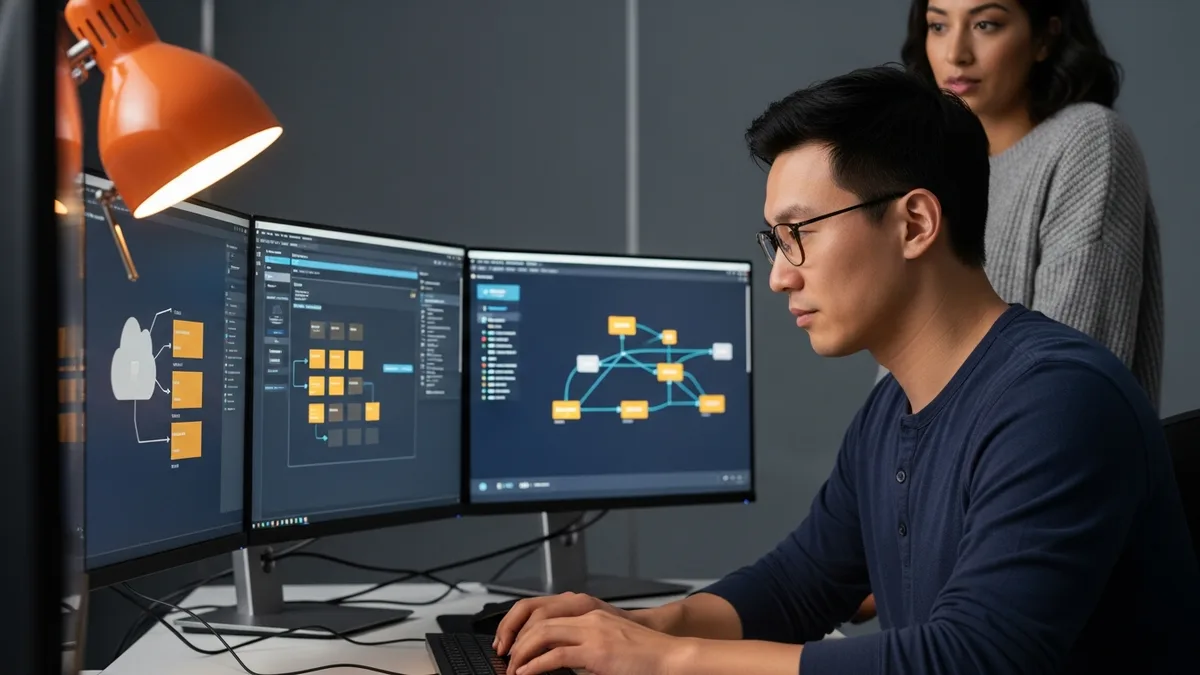 Database administrator responding to a production database incident at a multi-monitor workstation