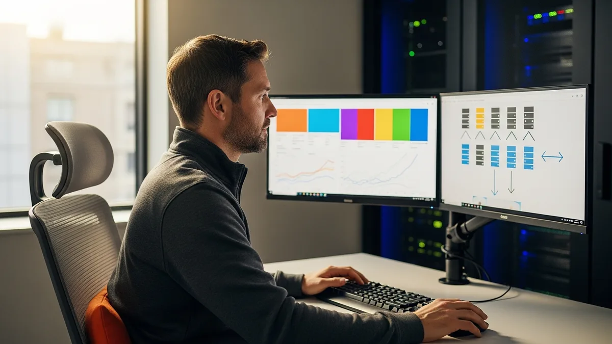 Senior database administrator reviewing database health dashboards at a dual-monitor workstation