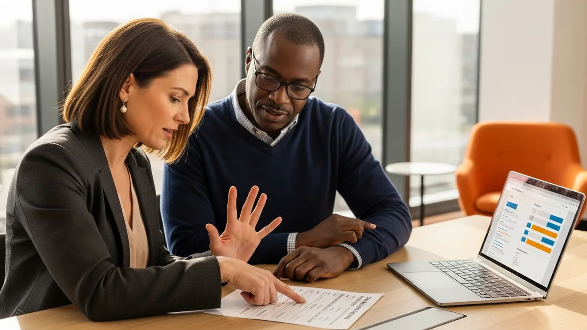 Hiring manager and IT staffing recruiter reviewing a database administrator candidate shortlist