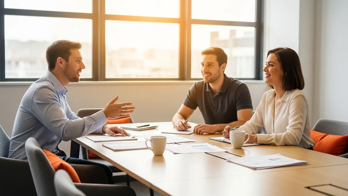 Hiring team discussing DevOps engineer candidates around a table with printed notes