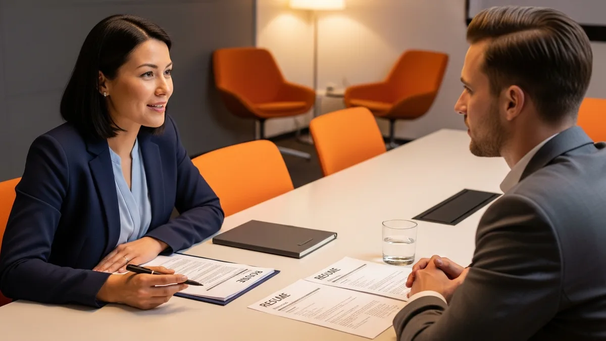 Hiring manager reviewing a printed resume during a DevOps engineer interview