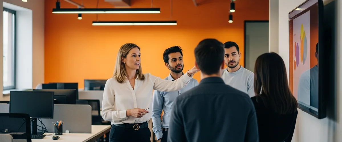 Engineering manager leading a stand-up meeting with a small software engineering team around a wall monitor in a modern office