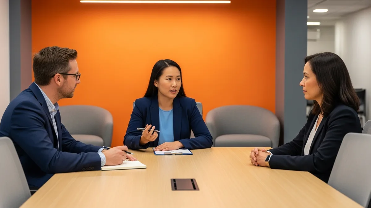 Two hiring managers interviewing an engineering manager candidate across a conference table in a modern technology office