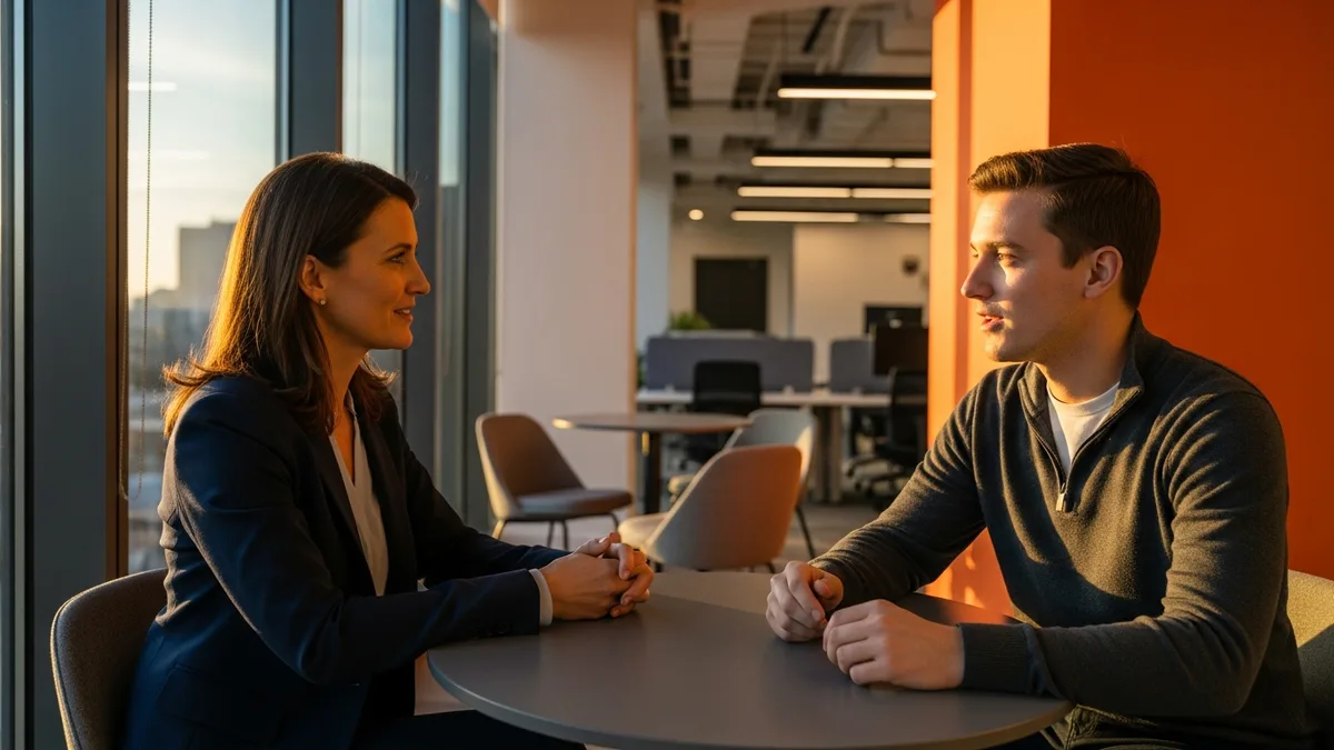 Engineering manager in a one-on-one coaching conversation with a software engineer beside a window at golden hour