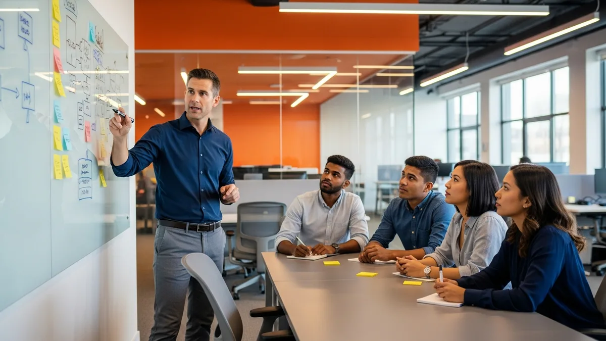Engineering manager facilitating a sprint planning session at a whiteboard with four software engineers in a modern open-plan office