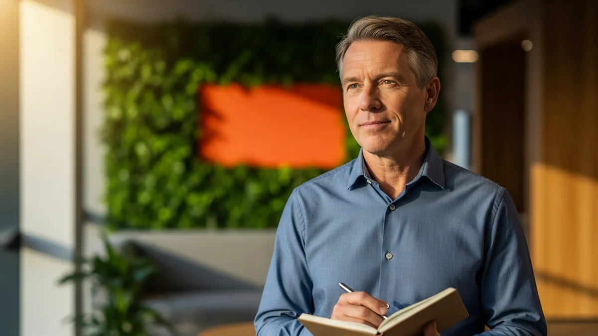 Confident senior applied AI engineer holding a notebook in a modern office