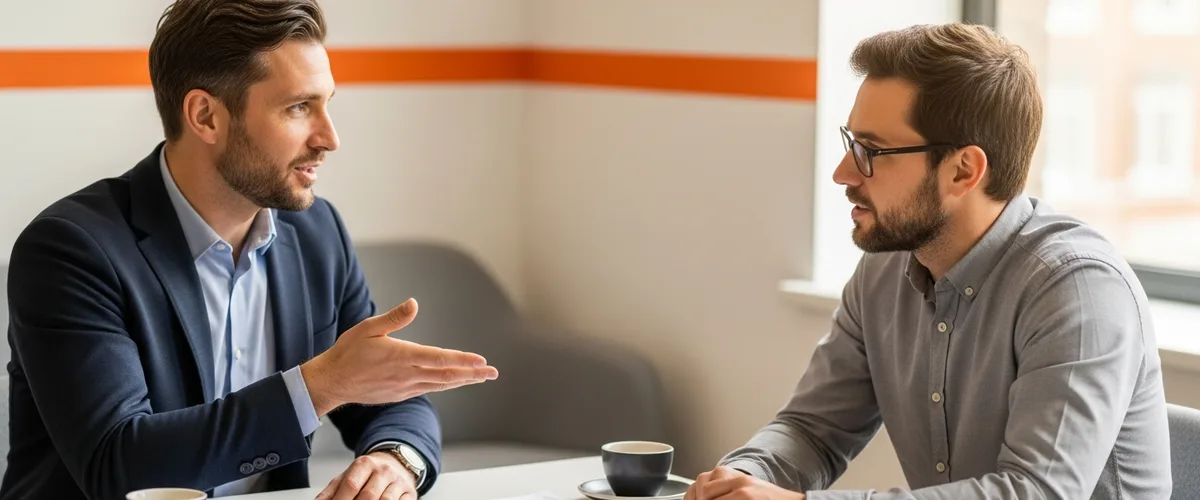 Startup founder and senior AI engineer candidate discussing a first AI hire across a table in a modern office