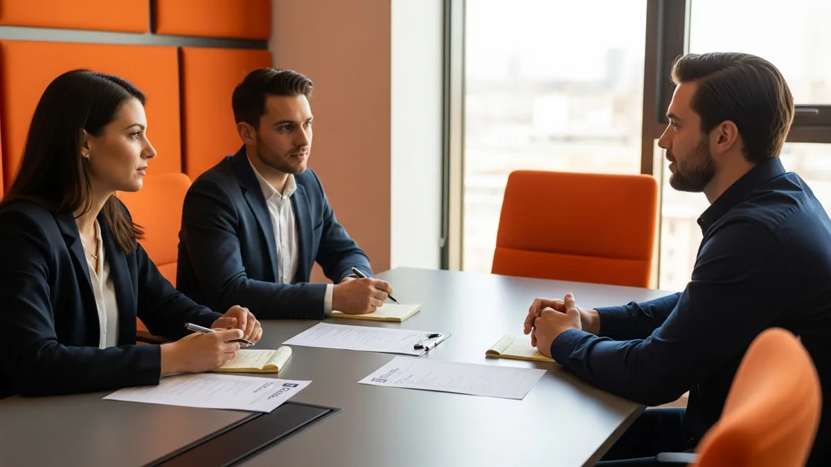 Two interviewers evaluating an AI engineer candidate at a conference table with printed notes