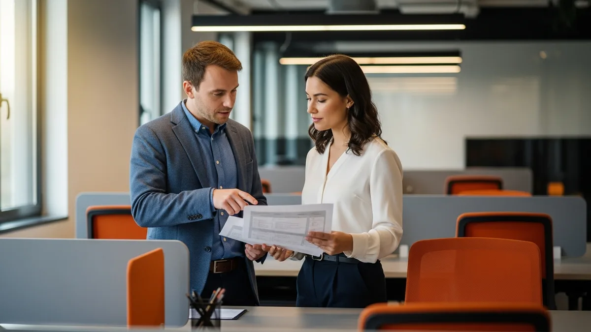 Founder and newly hired first AI engineer reviewing a printed product roadmap together