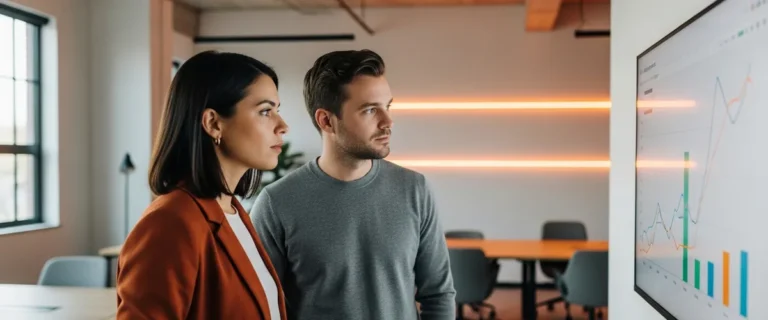 Startup founder and her first data scientist reviewing a conversion trend chart in an early-stage office