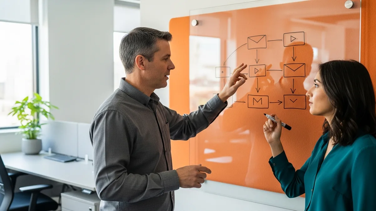 Founder sketching a data flow diagram on a whiteboard with a newly hired first data scientist
