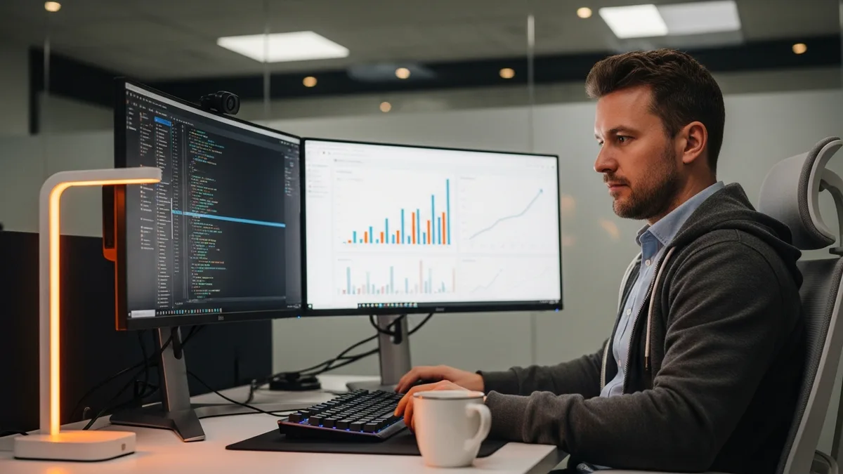 Generalist data scientist writing Python and reviewing an analytics dashboard at a dual-monitor workstation