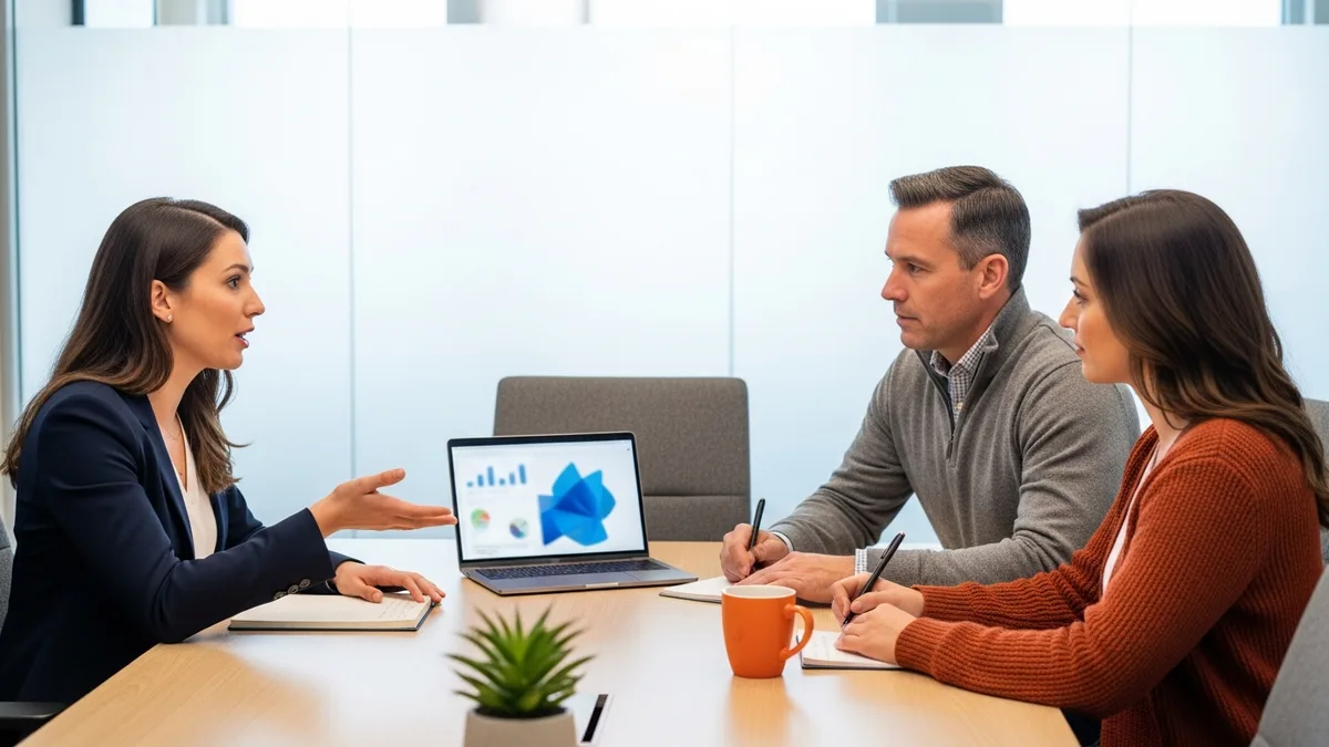 Hiring panel interviewing a data scientist candidate at a conference table