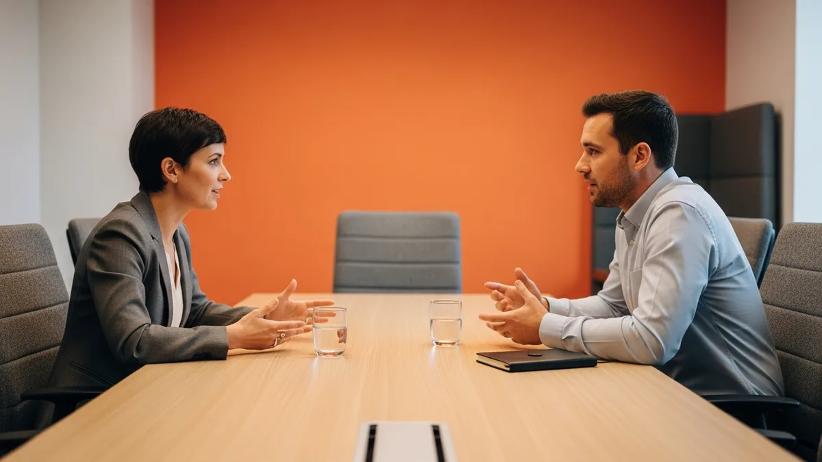 KORE1 recruiter and hiring manager discussing a senior Go developer candidate across a conference table