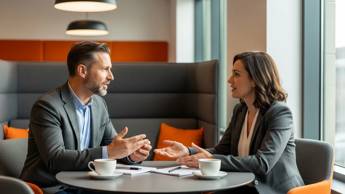 Technical interviewer screening a senior Golang engineer candidate over coffee in a modern office