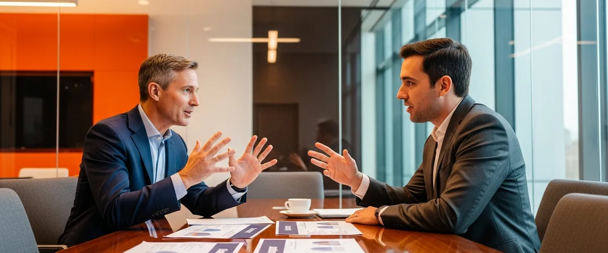Company CEO and a newly hired Chief AI Officer discussing AI strategy across a boardroom table in a modern executive office