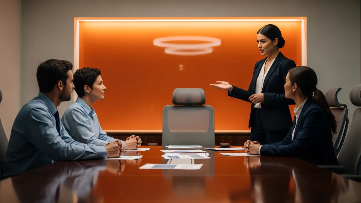 Head of AI leading an AI strategy discussion with a company leadership team around a boardroom conference table